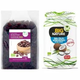 Rodzynki Sułtanki Bio 1 kg - BioLife + Olej Kokosowy Extra Virgin Nierafinowany Zimnotłoczony Bio 900 ml - Big Nature