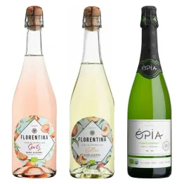 3 Różne Wina Musujące Bezalkoholowe: Szampan Bezalkoholowy Bio Florentina Rose bez Siarczynów, Bezsiarkowy, Wino Bezalkoholowe Musujące Gazowane Virgin Sparkling Spiritz 0% 0,75 l + Szampan Bezalkoholowy Bio Florentina Bellini bez Siarczynów, Bezsiarkowy,