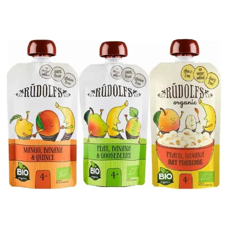 Mus Owocowy Mango Banan i Pigwa Bio 110 g - Rudolfs + Mus Owocowy Gruszka, Banan i Agrest Bio 110 g - Rudolfs + Owsianka Brzoskwiniowo-Bananowa Bio 110 g - Rudolfs