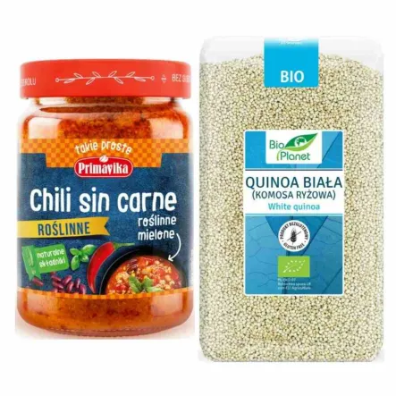 Zestaw Chili Sin Carne Con Quinoa - Chilli Sin Carne Roślinne 300 g - Primavika + Quinoa Biała Komosa Ryżowa Bio 1 kg Bio Planet