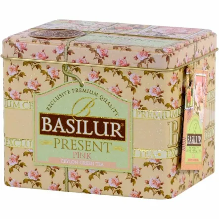Herbata Zielona Liściasta z Dodatkami Present Pink Puszka 100 g - BASILUR