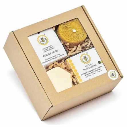 Zestaw Cud  Miód (Plaster Miodu Naturalne Mydło 85 g + Balsam Propolisowy 40 g + Miodowa Kula do Kąpieli 80 g + Świeca z Węzy Pszczelej) - Miodowa Mydlarnia