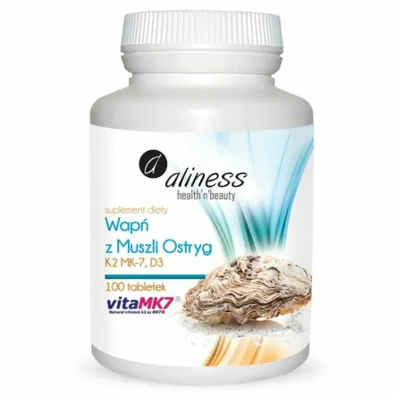 Wapń z Muszli Ostryg z Witaminami K2 MK7 i D3 100 Tabletek - Aliness