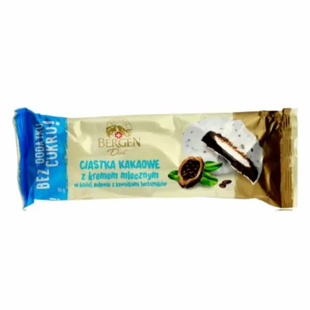 Ciastka Kakaowe Bez Cukru z Kremem w Białej Polewie 96 g Bergen - Przecena Krótka Data Minimalnej Trwałości
