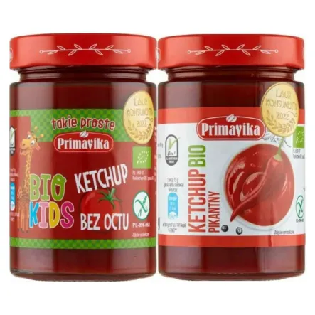 Ketchup Bez Octu dla Dzieci Bio 315 g - Primavika + Ketchup Pikantny Bezglutenowy Bio 315 g - Primavika