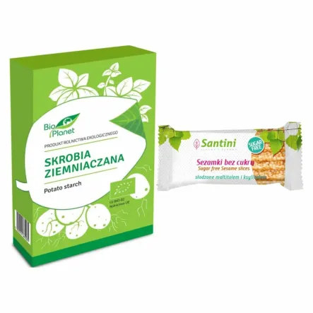 Mąka Skrobia Ziemniaczana Bio 500 g Bio Planet + Sezamki Bez Dodatku Cukru z Ksylitolem i Maltitolem 27 g - Santini