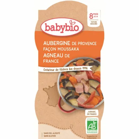 Danie Bakłażan Musaka z Jagnięciną od 8 Miesiąca Bio Bezglutenowe 2x200 g - Babybio