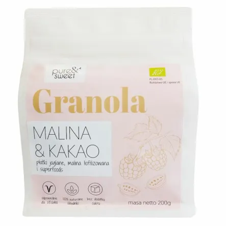Granola Malina Kakao Bio 200 g - Pure&Sweet - Przecena Krótka Data Minimalnej Trwałości