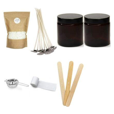 Zestaw do Tworzenia Świeczek nr 1 - Wosk Sojowy, Knoty Bawełniane, 2 x Słoik Szklany, Topielnik, Kropki Kleju, Stabilizator