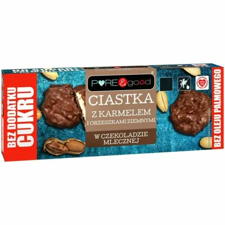 Ciastka z Karmelem i Orzechami Ziemnymi w Czekoladzie Mlecznej Bez Dodatku Cukru 128 g - PURE&Good (data: 20.09.2025)