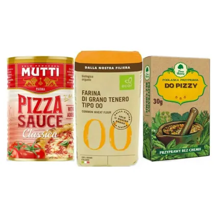 Sos Pomidorowy do Pizzy Classica 400 g - MUTTI + Mąka na Pizzę typ 00 BIO 1 kg - Ecor - Mąka do pizzy + Podlaska Przyprawa do Pizzy 30 g - Dary Natury