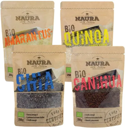 Zestaw 1kg Superfood 4 x 250g Chia Canihua Quinoa Amarantus Bio -  Naura