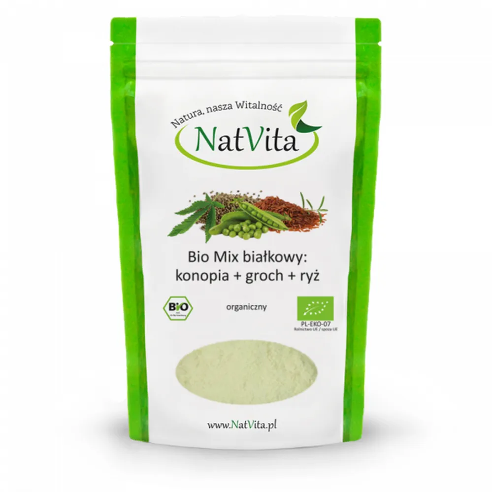 Bio Białko Mix: Konopia + Groch + Ryż 300 g - Natvita -  Odżywka Białkowa z ryżu grochu i konopii