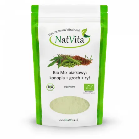 Bio Białko Mix: Konopia +Groch +Ryż 300 g - Natvita -  Odżywka Białkowa z ryżu grochu i konopii
