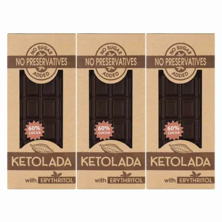 Zestaw 3 x Przepyszna Czekolada KETOLADA® 60% z Erytrytolem 100 g - tylko kakao + erytrol !