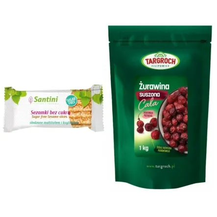 Zestaw Żurawina Suszona Cała 1 kg - Targroch + Sezamki Bez Dodatku Cukru z Ksylitolem i Maltitolem 27 g - Santini