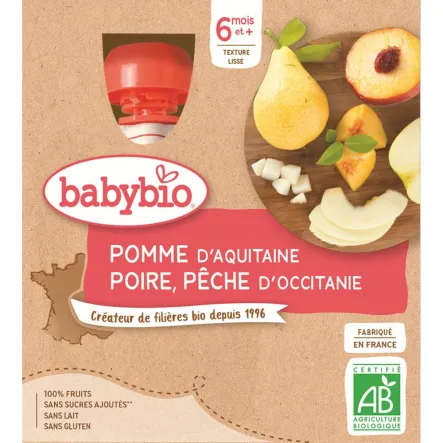 Deser Jabłko-Gruszka-Brzoskwinia od 6 Miesiąca Bezglutenowy Bio 4x90 g - Babybio