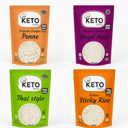 Makaron Konjac Thai Style Bio 270 g (200 g) + Makaron Konjac Angel Hair Bio 270 g (200 g) + Makaron Konjac w Kształcie Ryżu (Sticky Rice) do Sushi 200 g + Makaron Konjac Penne Bio 270 g (200 g) - Keto Chef