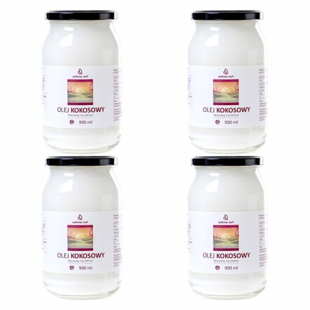 Zestaw 4 x Olej Kokosowy Nierafinowany - Tłoczony Na Zimno 900 ml - Zielony Nurt