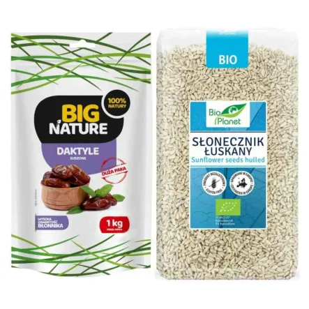 Zestaw Słonecznik Łuskany Bezglutenowy Bio 1 kg Bio Planet + Daktyle Suszone Bez Pestek 1 kg -  Big Nature 