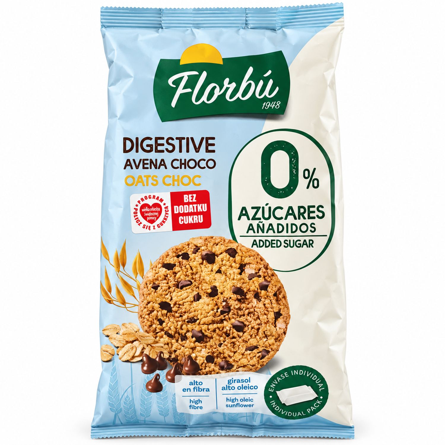 Ciastka Owsiane Digestive z Kawałkami Czekolady Bez Dodatku Cukru 245 g - Florbu
