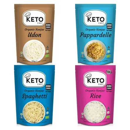 KETO Makaron Konjac UDON Bio 270/200 g + Makaron Keto (Konjac Typu Noodle Pappardelle) Bio 270 g (200 g) + Makaron Keto (Konjac Typu Noodle Spaghetti) Bio 270 g (200 g) + Makaron Keto (Konjac Typu Noodle W Kształcie Ryżu) Bio 270 g (200 g) - Keto Chef