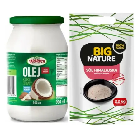 Olej Kokosowy Extra Virgin Nierafinowany Surowy Zapachowy 900 ml - Targroch + Sól Himalajska Różowa Drobna 2,2 kg - Big Nature