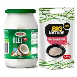 Olej Kokosowy Extra Virgin Nierafinowany Surowy Zapachowy 900 ml - Targroch + Sól Himalajska Różowa Drobna 2,2 kg - Big Nature