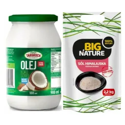 Olej Kokosowy Extra Virgin Nierafinowany Surowy Zapachowy 900 ml - Targroch + Sól Himalajska Różowa Drobna 2,2 kg - Big Nature