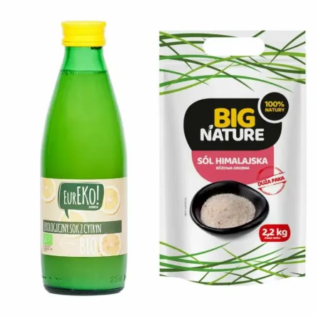 Sok z Cytryn Bio 250 ml Eureko - Sok z Ekologicznych Cytryn z Kroplomierzem + Sól Himalajska Różowa Drobna 2,2 kg - Big Nature