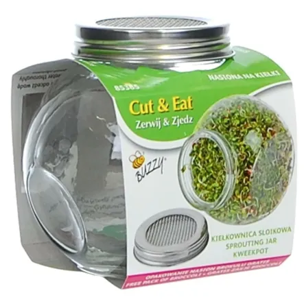 PRODUKT ZOSTAŁ WYCOFANY Z OFERTY Kiełkownica Słoikowa Szklana z Metalowym Wieczkiem z Siatką- BUZZY 450ml 