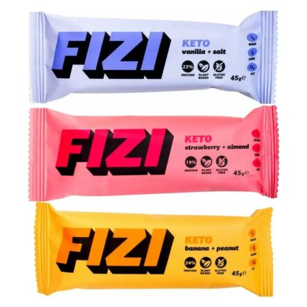 KETO Baton Proteinowy Bezglutenowy Wanilia + Sól 45 g - FIZI + KETO Baton Proteinowy Bezglutenowy Truskawka + Migdał 45 g - FIZI + KETO Baton Proteinowy Bezglutenowy Banan + Orzech Ziemny 45 g - FIZI