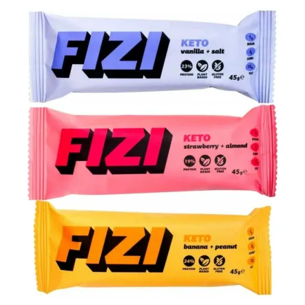 KETO Baton Proteinowy Bezglutenowy Wanilia + Sól 45 g - FIZI + KETO Baton Proteinowy Bezglutenowy Truskawka + Migdał 45 g - FIZI + KETO Baton Proteinowy Bezglutenowy Banan + Orzech Ziemny 45 g - FIZI