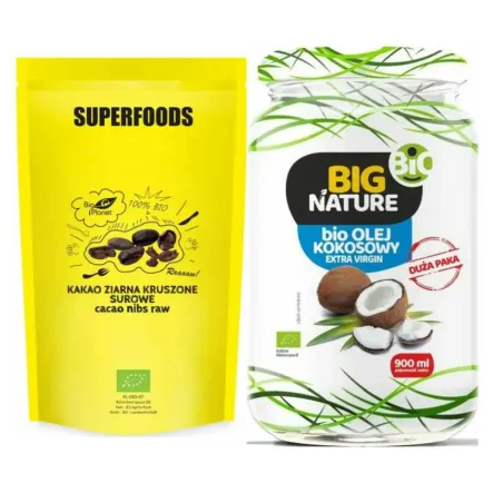 Kakao Ziarna Kruszone Surowe Bio 600 g - Bio Planet + Olej Kokosowy Extra Virgin Nierafinowany Zimnotłoczony Bio 900 ml - Big Nature