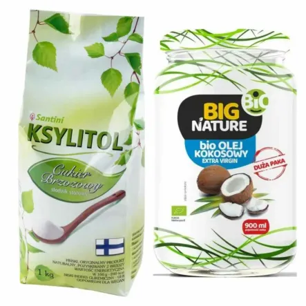Ksylitol C Krystaliczny 1 kg - Torebka - Santini Fiński Cukier Brzozowy Oryginalny Xylitol z brzozy Danisco Finlandia  + Olej Kokosowy Extra Virgin Nierafinowany Zimnotłoczony Bio 900 ml - Big Nature