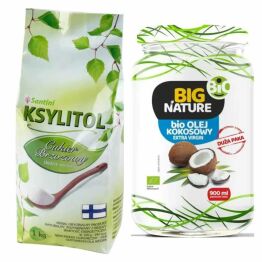 Ksylitol C Krystaliczny 1 kg - Torebka - Santini Fiński Cukier Brzozowy Oryginalny Xylitol z brzozy Danisco Finlandia  + Olej Kokosowy Extra Virgin Nierafinowany Zimnotłoczony Bio 900 ml - Big Nature