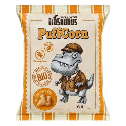 Chrupki Kukurydziane PuffCorn o Smaku Sera w Stylu Cheddar Bezglutenowe BIO 20 g - McLLOYD’S Biosaurus