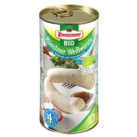 Biała Kiełbasa Monachijska w Puszce Bio 250 G Zimmermann Krótka Data Minimalnej Trwałości
