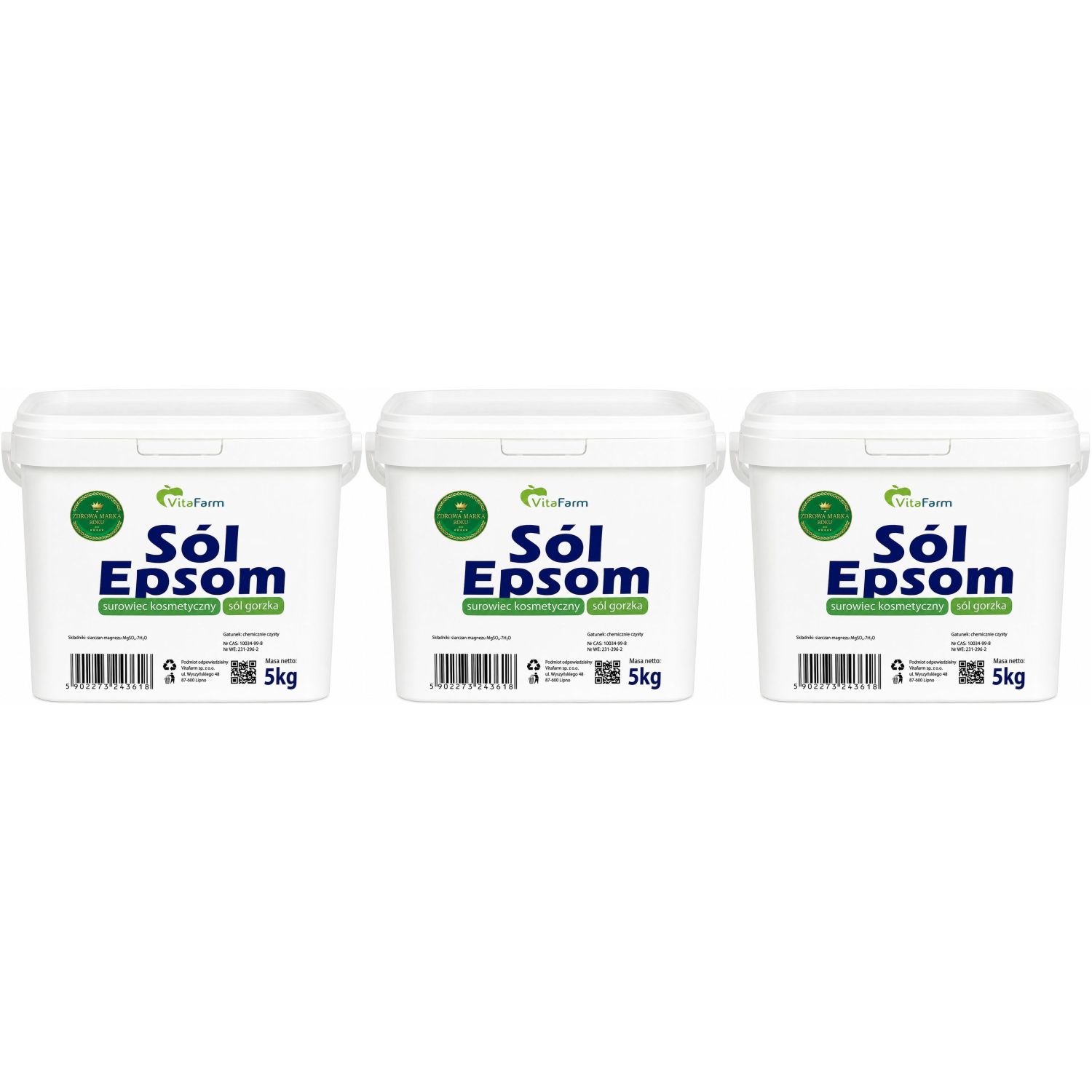 Zestaw 3 x Sól Epsom (Siarczan Magnezu)- Sól Gorzka Wiadro 5 kg - VitaFarm