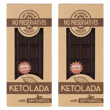 Zestaw 2 x Przepyszna Czekolada KETOLADA® 60% z Erytrytolem 100 g - tylko kakao + erytrol !