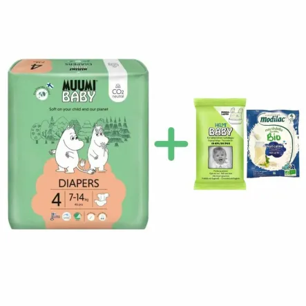 Pieluszki Jednorazowe 4 Diapers 7-14 kg 46 Sztuk - Muumi Baby  + Śliniak Jednorazowy EKO 10 Sztuk - HELMI BABY  i Kaszka BIO Spokojny Sen po 4  Miesiącu Życia Saszetka 25 g - MODILAC 