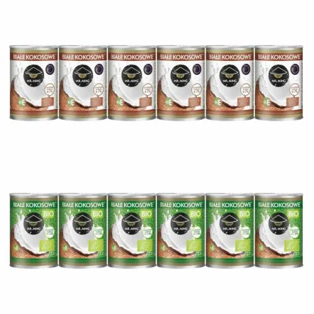 6 x Białe Kokosowe Mleczko 5-7% Tłuszczu 400 ml - Mr. Ming + 6 x Białe Kokosowe Mleczko BIO 17-19%Tłuszczu 400 ml - Mr. Ming