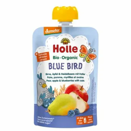 Mus Owocowy Niebieski Ptak (Gruszka, Jabłko, Jagoda, Owies) Bez Dodatku Cukru Bio Demeter 100 g - Holle