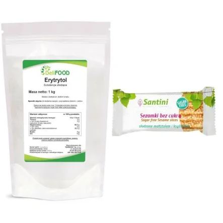 Erytrytol 1 kg - Delifood Erytrol + Sezamki Bez Dodatku Cukru z Ksylitolem i Maltitolem 27 g - Santini