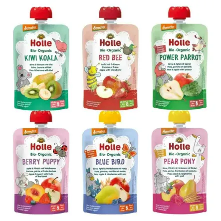 6 x Mus Holle Bio 100 g: Kiwi Koala, Czerwona Pszczółka, Moc Papugi, Jagodowy Piesek, Niebieski Ptak, Gruszkowy Kucyk