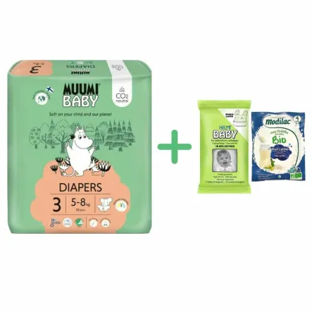 Pieluszki Jednorazowe 3 Diapers 5-8 kg 50 Sztuk - Muumi Baby + Śliniak Jednorazowy EKO 10 Sztuk - HELMI BABY  i Kaszka BIO Spokojny Sen po 4  Miesiącu Życia Saszetka 25 g - MODILAC 