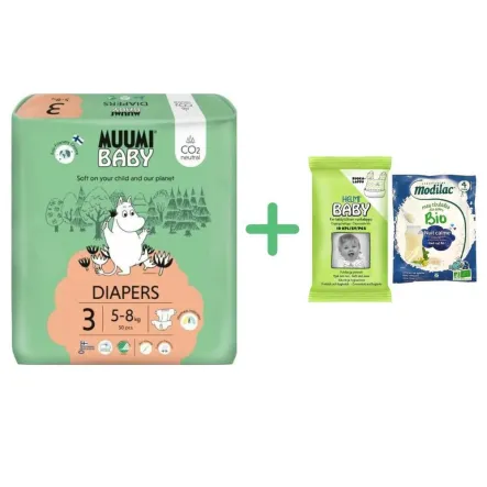 Pieluszki Jednorazowe 3 Diapers 5-8 kg 50 Sztuk - Muumi Baby + Śliniak Jednorazowy EKO 10 Sztuk - HELMI BABY  i Kaszka BIO Spokojny Sen po 4  Miesiącu Życia Saszetka 25 g - MODILAC 