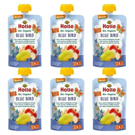 6 x Mus Owocowy Niebieski Ptak (Gruszka, Jabłko, Jagoda, Owies) Bez Dodatku Cukru Bio Demeter 100 g - Holle