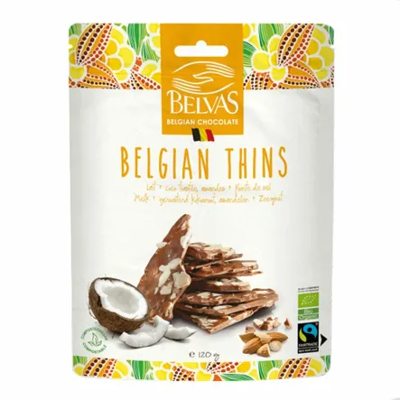 Kawałki Czekolady Mlecznej z Migdałami i Kokosem Bio 120 g Belvas - Przecena Krótka Data Minimalnej Trwałości