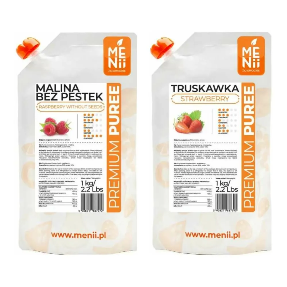 Puree Malina Premium Pulpa 1 kg Menii + Puree Truskawka Premium Pulpa 1 ...